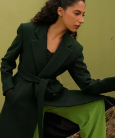 Women's Riot Mid Jungle Green Wool Coat Close Up - Trendy Leather Jackets