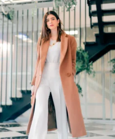 Women's Sun Kissed Long Camel Coat Front View - Trendy Leather Jackets