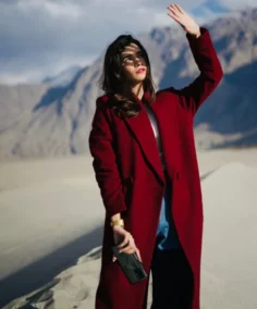 Women's The Desert Rose Deep Burgundy Long Coat Front View - Trendy Leather Jackets