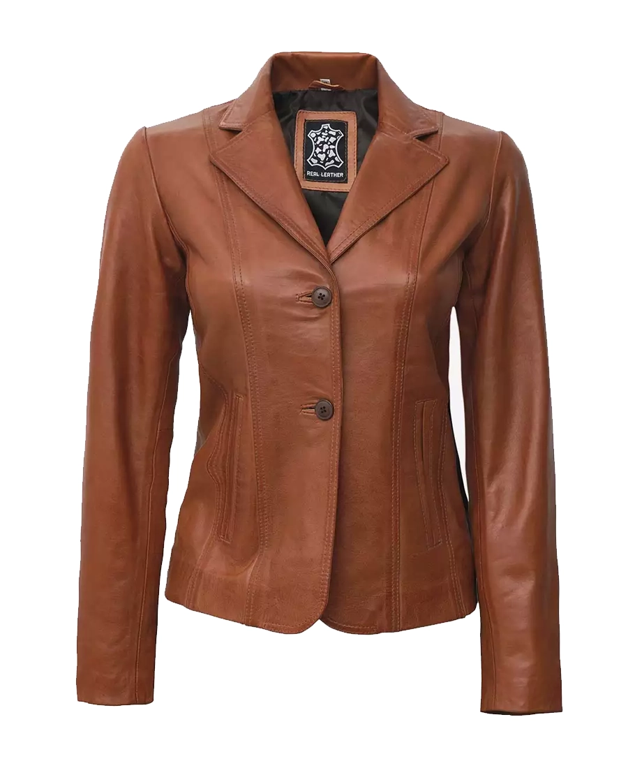 Women'S Two Button Tan Leather Blazer Women'S Two Button Tan Leather Blazer - Trendy Leather Jackets