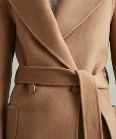 Wool Blend Double Breasted Blindseam Coat Light Brown Close Up - Trendy Leather Jackets