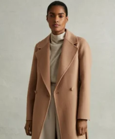 Wool Blend Double Breasted Blindseam Coat Light Brown Front - Trendy Leather Jackets