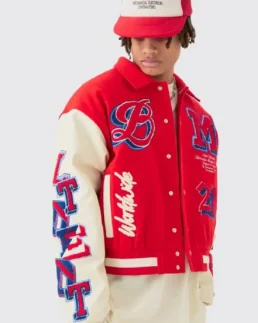 Boxy BM Badge Red Varsity Jacket - Trendy Leather Jackets