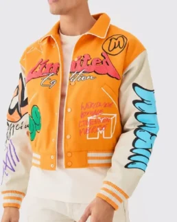 Boxy Fit Graffiti Orange Varsity Jacket - Trendy Leather Jackets