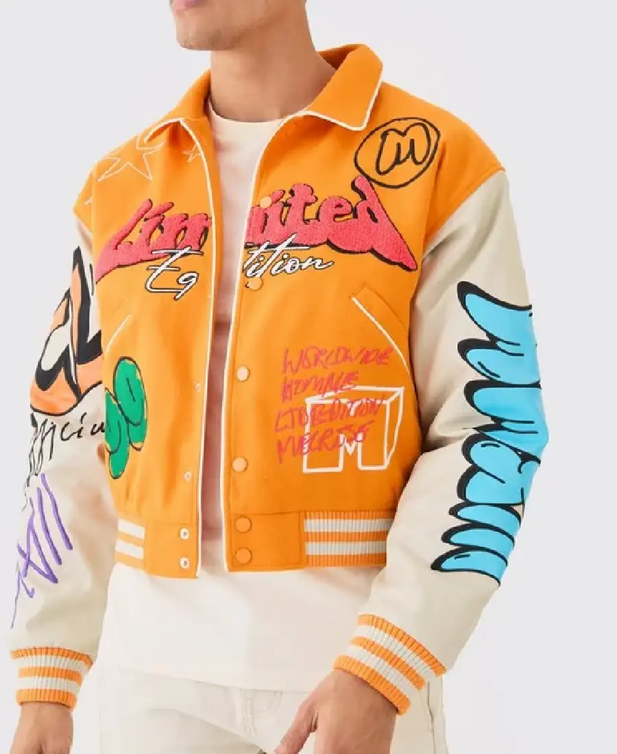 Boxy Fit Graffiti Orange Varsity Jacket Boxy Fit Graffiti Orange Varsity Jacket - Trendy Leather Jackets