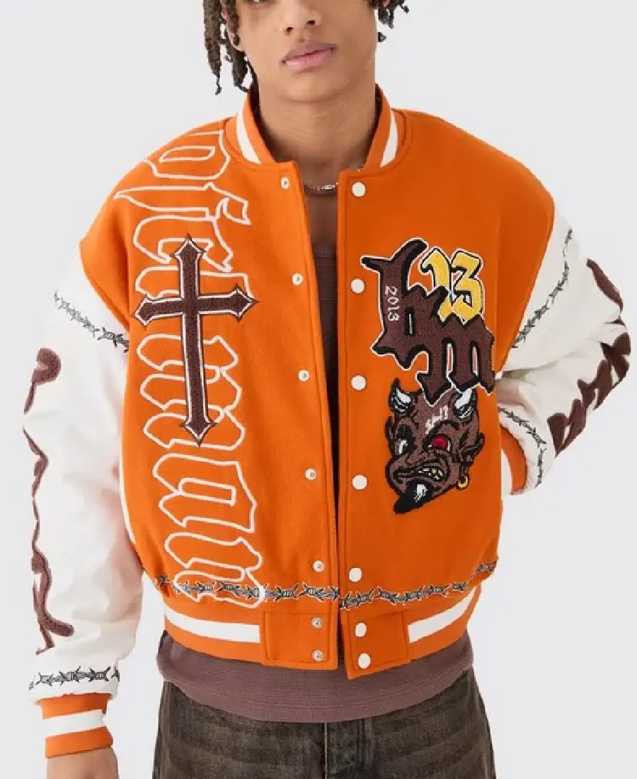 Boxy Limited Badge Orange Varsity Jacket Boxy Limited Badge Orange Varsity Jacket - Trendy Leather Jackets