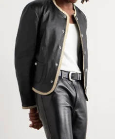 Celine Homme Crystal Embellished Leather Jacket Front - Trendy Leather Jackets