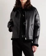 Celine Homme Shearling Lined Textured Bomber Leather Jacket Front - Trendy Leather Jackets