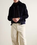 MR P Shearling Trimmed Suede Bomber Jacket Front - Trendy Leather Jackets