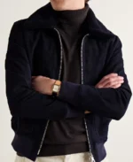 MR P Shearling Trimmed Suede Bomber Jacket Front View - Trendy Leather Jackets