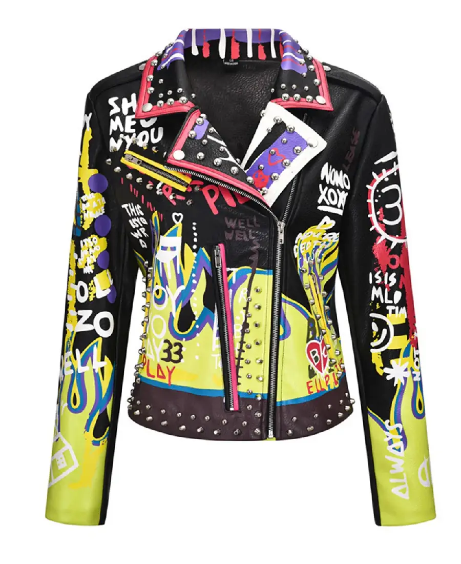 Punk Rock Fire Graffiti Studded Motorcycle Jacket Punk Rock Fire Graffiti Studded Motorcycle Jacket - Trendy Leather Jackets