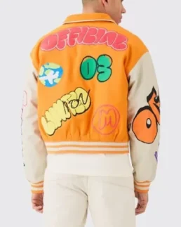 Shop The Boxy Fit Graffiti Orange Varsity Jacket - Trendy Leather Jackets