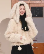 Berry Katie Rabbit Faux Fur Jacket Front View Image - Trendy Leather Jacket