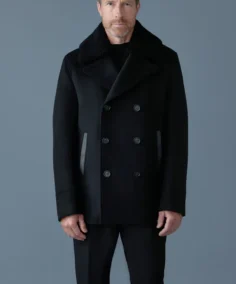 Cole Wool Double-Breasted Shearling Peacoat Blue Front - Trendy Leather Jacket