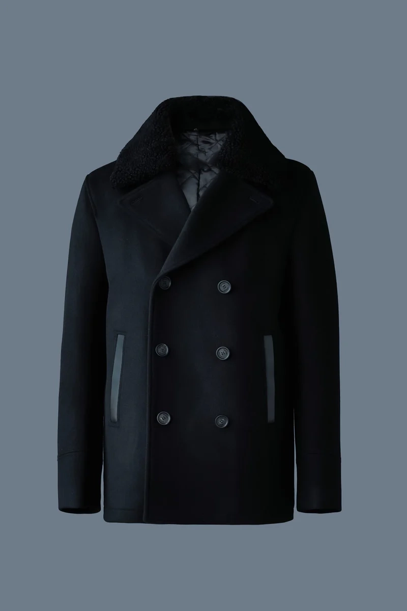Cole Wool Double-Breasted Shearling Peacoat Blue Cole Wool Double-Breasted Shearling Peacoat Blue - Trendy Leather Jacket
