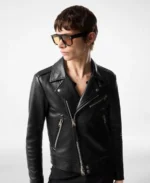 Grain Asymmetric Contrast Biker Leather Jacket Close Up - Trendy Leather Jackets