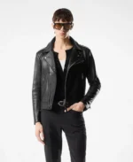 Grain Asymmetric Contrast Biker Leather Jacket Front - Trendy Leather Jackets