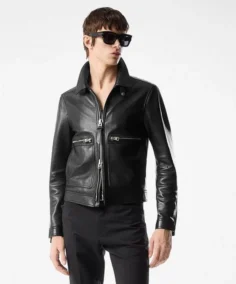 Grain Blouson Contrast Leather Jacket Front - Trendy Leather Jackets
