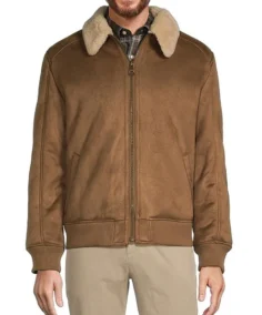 Roundtree & Yorke Sherpa Collar Faux Leather Bomber Jacket Front - Trendy Leather Jacket