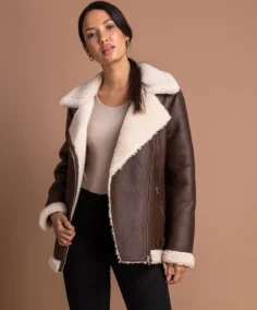 Women's Brown Sherpa Lined Aviator Jacket Front - Trendy Leather Jackets