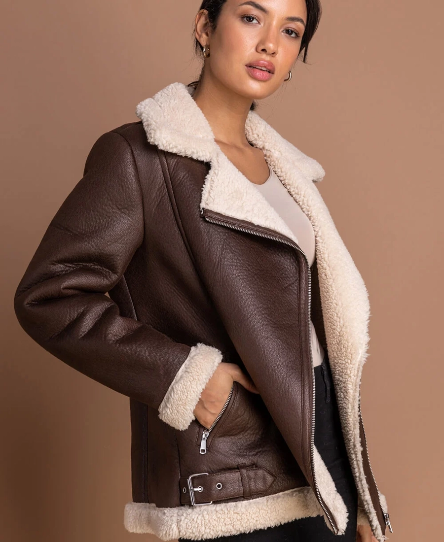Women'S Brown Sherpa Lined Aviator Jacket Women'S Brown Sherpa Lined Aviator Jacket - Trendy Leather Jackets