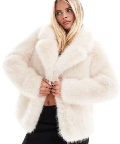 Women's Forever New Petite Natural Beige Faux Fur Jacket Close Up - Trendy Leather Jackets