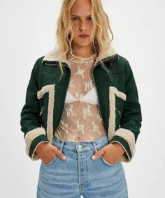 Women's Green Sherpa Lined Suede Leather Jacket Front - Trendy Leather Jackets