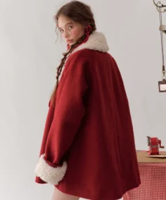 Women's Little Fur Collar Red Riding Coat Back - Trendy Leather Jacket