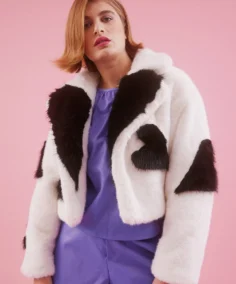 Women's Love Heart Bamboo Fur Jacket White Front - Trendy Leather Jackets