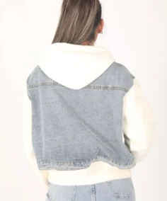 Women's White Ligth Blue Hooded Denim jacket Back - Trendy Leather Jackets