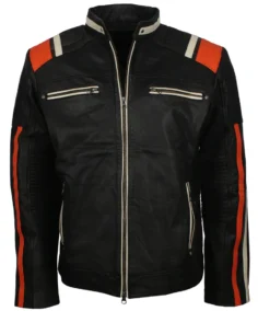 Mens Cafe Racer Striped Black Retro Biker Jacket - Trendy Leather Jackets