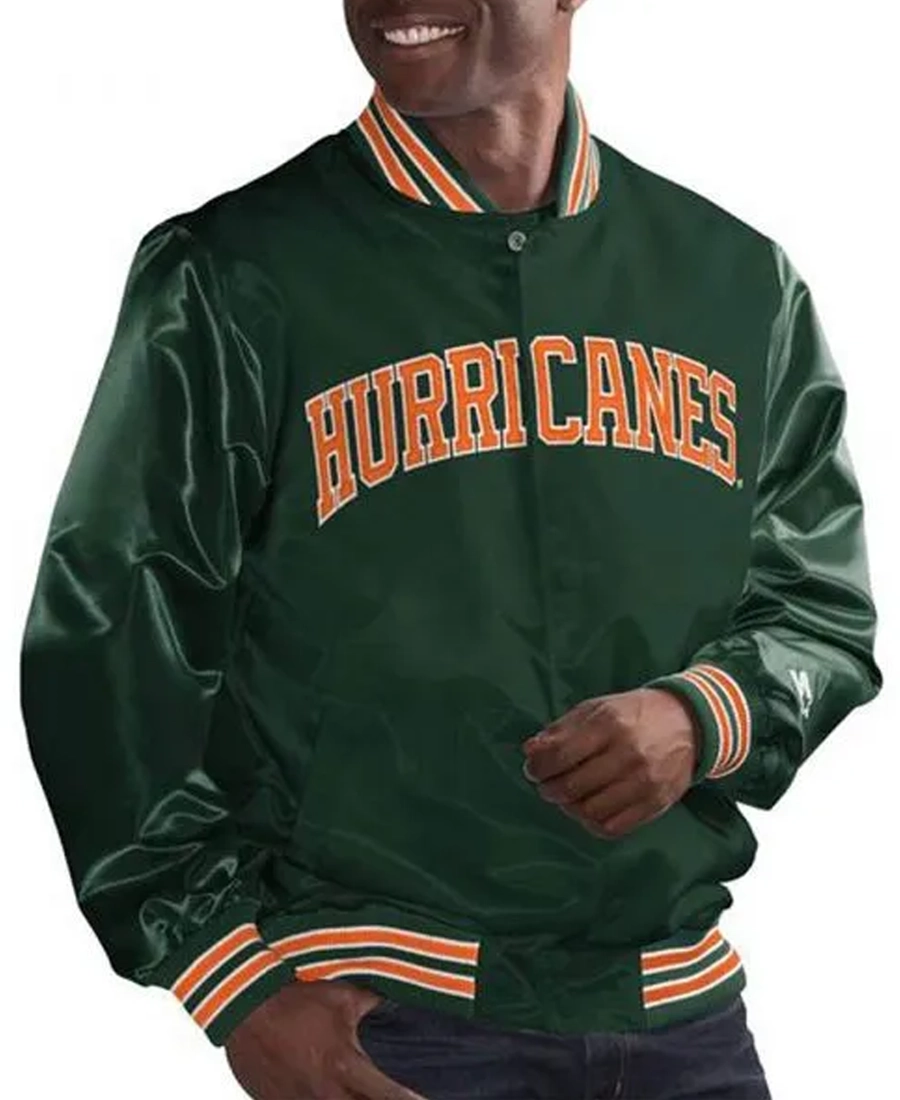 Miami Hurricanes Satin Varsity Jacket- Trendy Leather Jackets Miami Hurricanes Satin Varsity Jacket - Trendy Leather Jackets