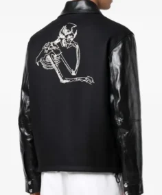 Men's Black Embroidered Skull Varsity Jacket Back