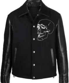 Men's Black Embroidered Skull Varsity Jacket - Trendy Leather Jackets