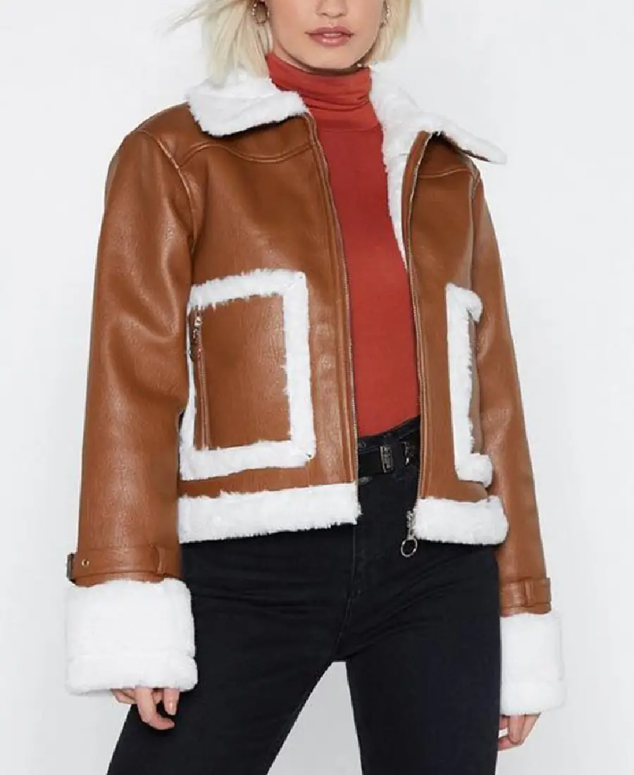Brown Cropped Aviator Leather Jacket Brown Cropped Aviator Leather Jacket - Trendy Leather Jackets