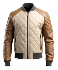 Men's Beige Sheepskin Diamond Quilted Bomber Jacket - Trendy Leather Jackets