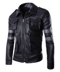 Men’s Raven Black With Gray Stripes Leather Jacket - Trendy Leather Jackets