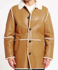 Mens Tan Brown Shearling Car Coat Close Up - Trendy Leather Jackets