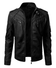 Vintage Cafe Racer Slim Fit Black Bikers Leather Jacket Front View Image - Trendy Leather Jackets