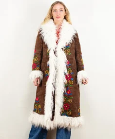 Women Vintage Penny Lane Brown Afghan Coat Front - Trendy Leather Jackets