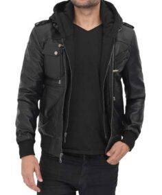 Men’s Black Leather Detachable Hooded Jacket - Trendy Leather Jackets