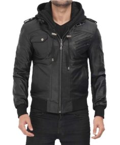 Men’s Black Leather Detachable Hooded Jacket Front - Trendy Leather Jackets