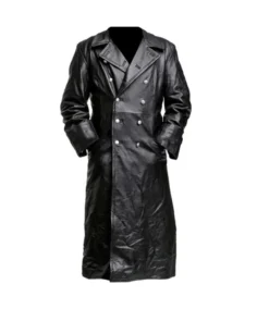 Men’s Military Officer Black Leather Long Trench Coat