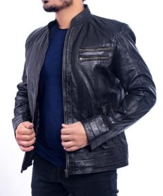 Trinidad Navy Biker Leather Jacket Side View - Trendy Leather Jackets