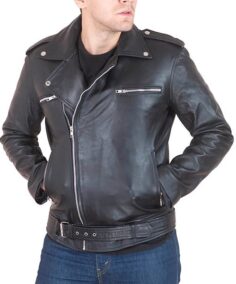 Men’s Black Leather Biker Jacket Front