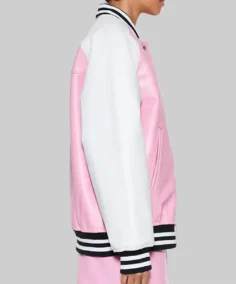 Women’s Pink and White Leather Varsity Jacket Side