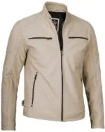 Beige Cafe Racer Leather Jacket for Men - Image 3