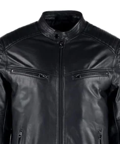 Men Cafe Racer Leather Black Jacket Closeup