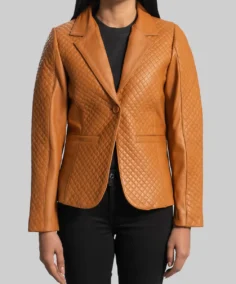 Women’s Quilted Camel Brown Leather Blazer - Trendy Leather Jackets