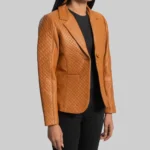 Women’s Quilted Camel Brown Leather Blazer Side - Trendy Leather Jackets
